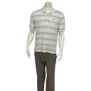 Lacoste Mens White/Green Striped Polo Shirt